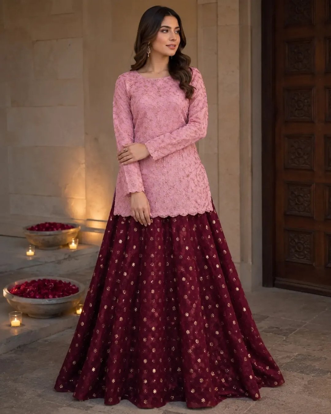 Viscose Chiffon embroided jaal Shirt With booti Lehanga image 0