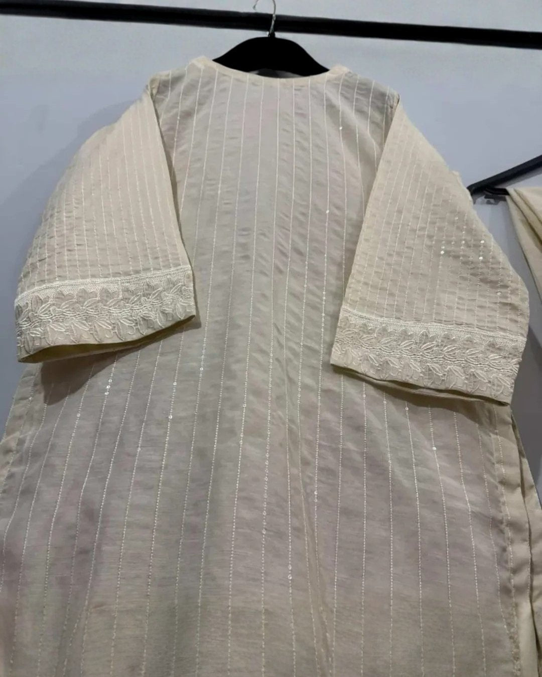 Cotton silk embroided suit with khaadi net dupatta image 3