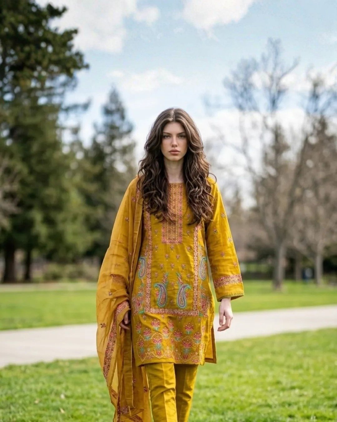 Cotton three piece embroided suit image 1