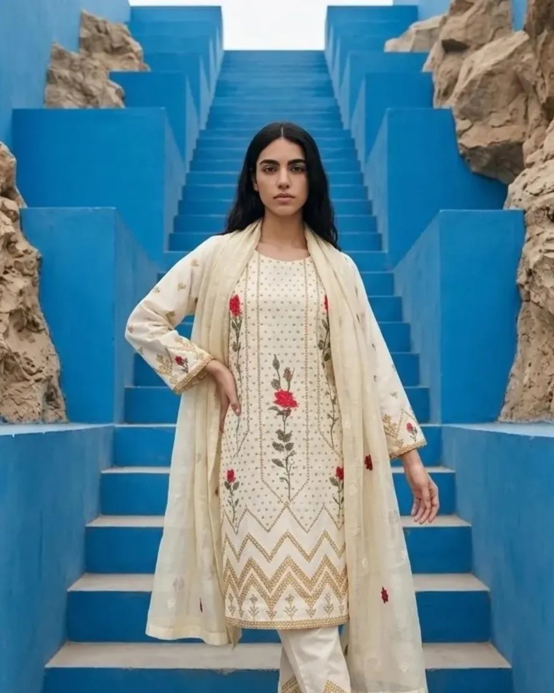 Cottom silk multi resham embroided three piece suit image 0