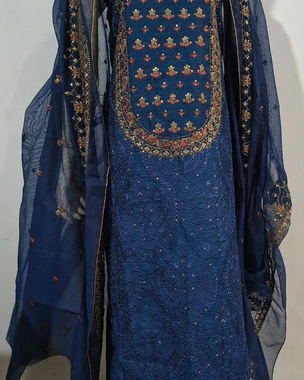 Cotton silk tilla & resham embroided 3 piece - Unstitched image