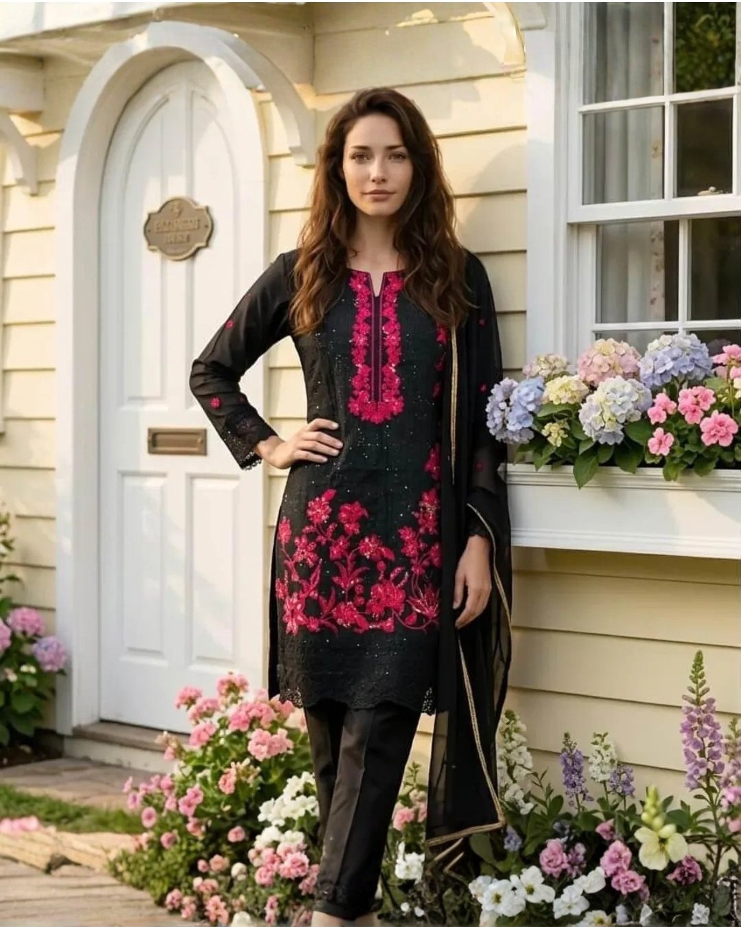 Cotton silk resham embroided three piece suit - Stitched image