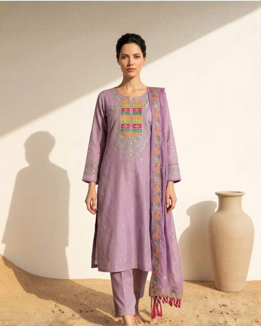 Cotton three piece embroided suit image 0