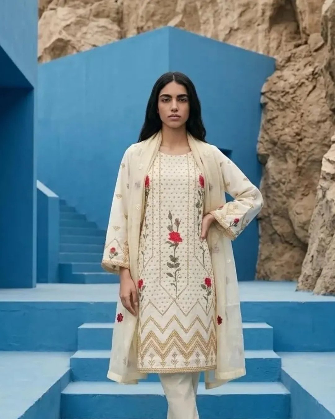 Cottom silk multi resham embroided three piece suit - Unstitched image