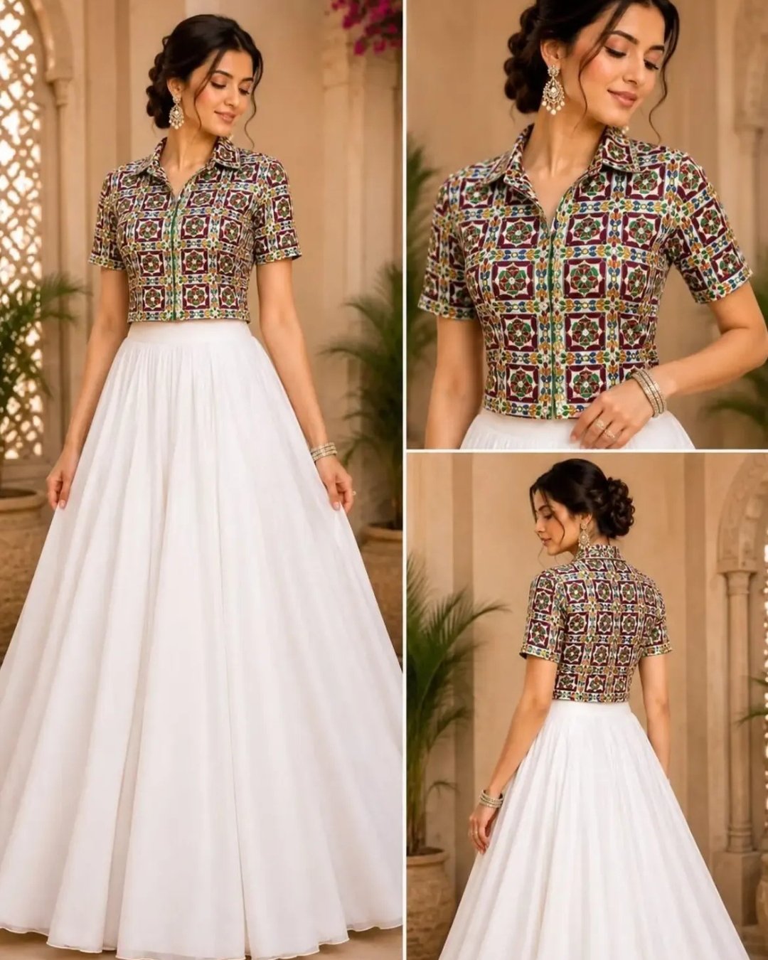 Raw silk multi embroided short shirt with plain lehanga image 0