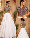 Raw silk multi embroided short shirt with plain lehanga image 0