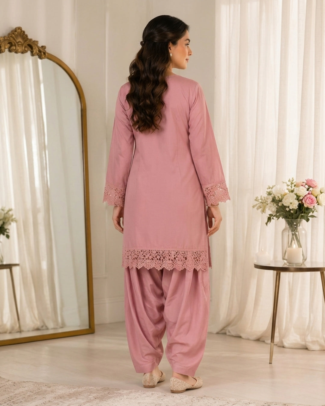 Three piece sheesha silk with bomber chiffon dupatta