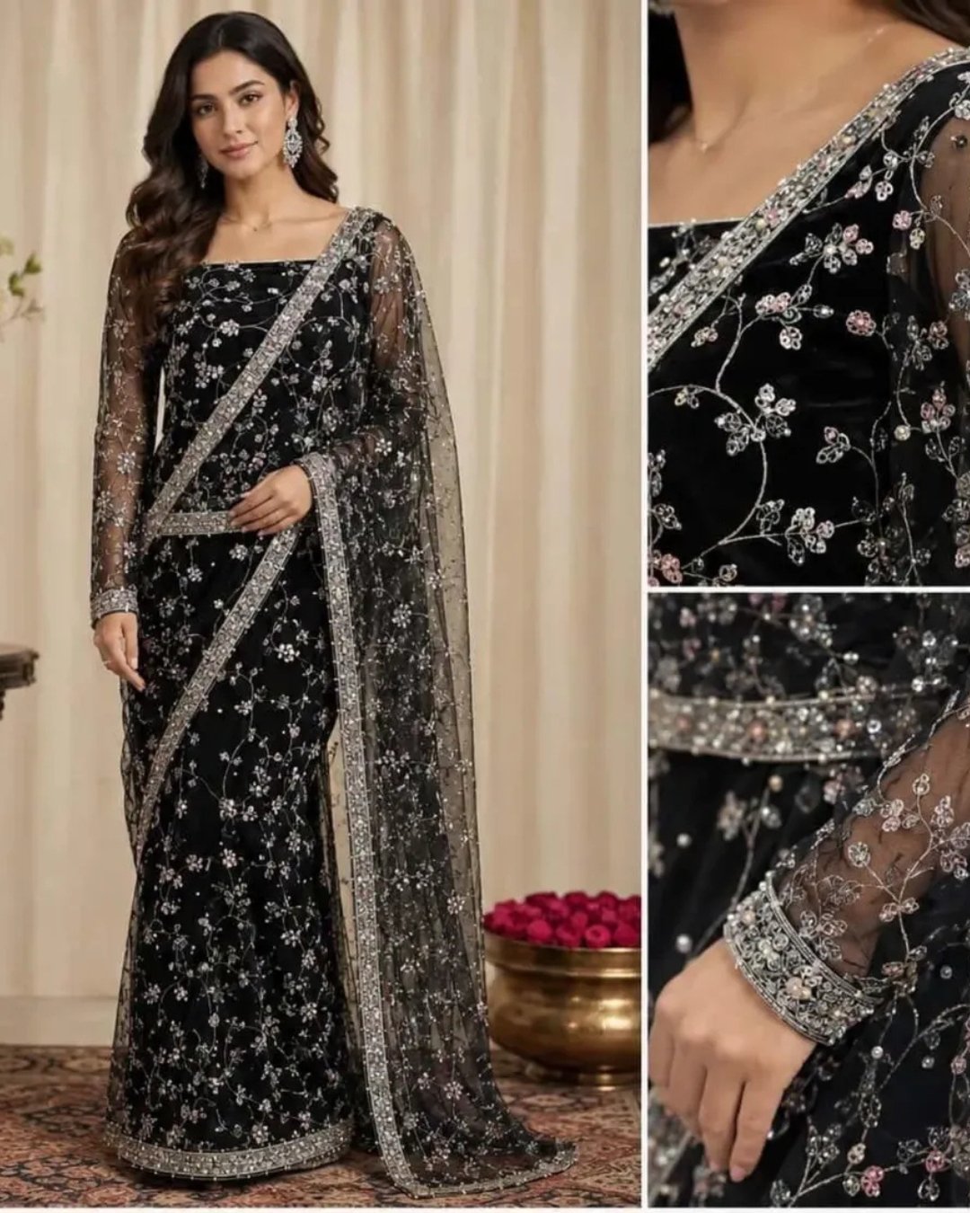 Embroided saree on net fabric image 1