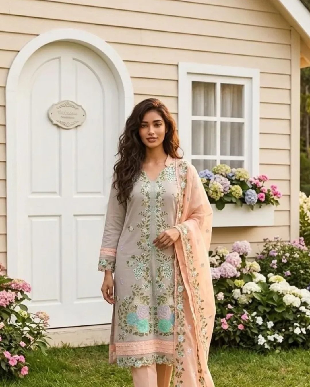 Cotton silk multi resham embroided three piece suit image 0