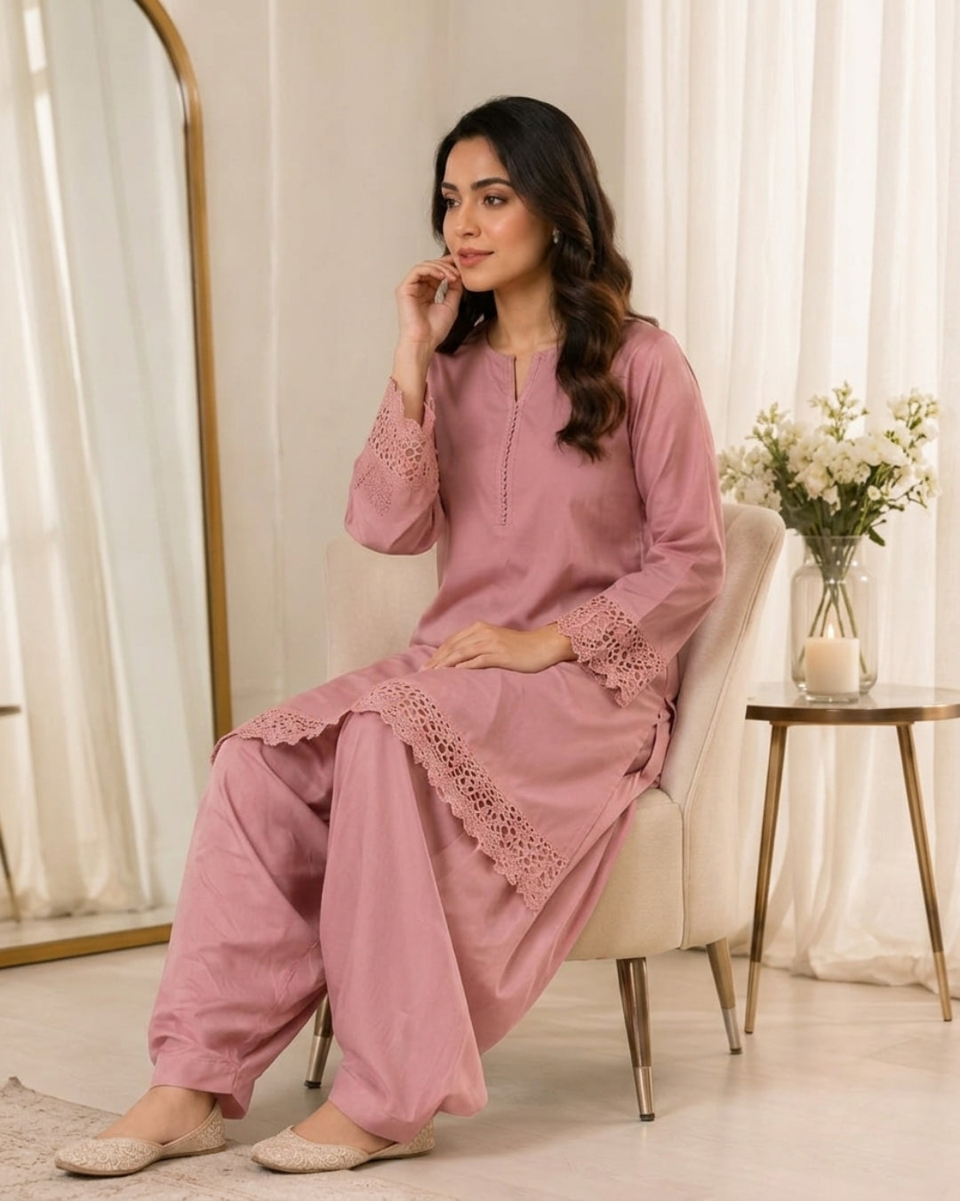 Three piece sheesha silk with bomber chiffon dupatta