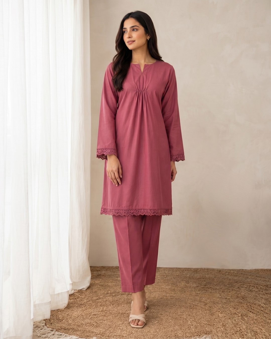 Cotton two piece (Stitched & Unstitched) - Pink image