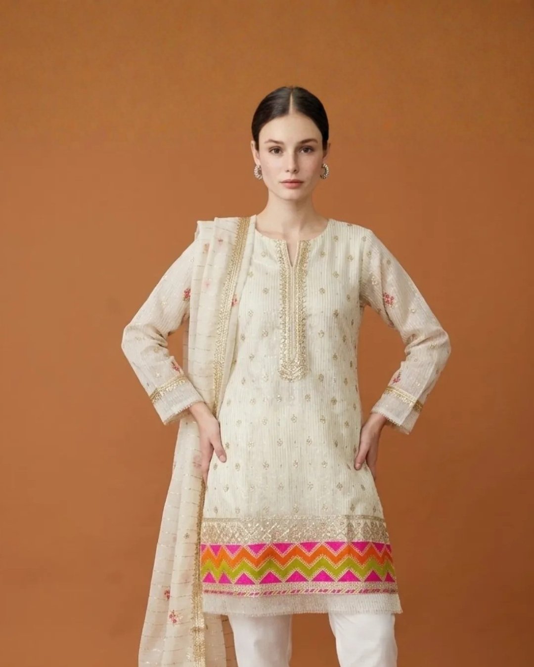 Organza zari & resham embroided three piece suit - Unstitched image