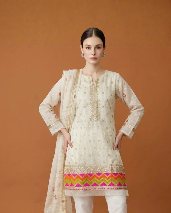 Organza zari & resham embroided three piece suit - Unstitched image