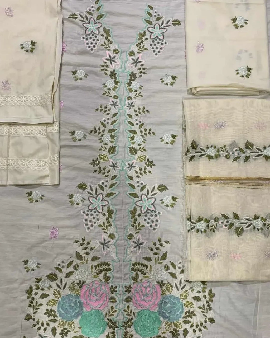 Cotton silk resham embroided 3 piece image 1