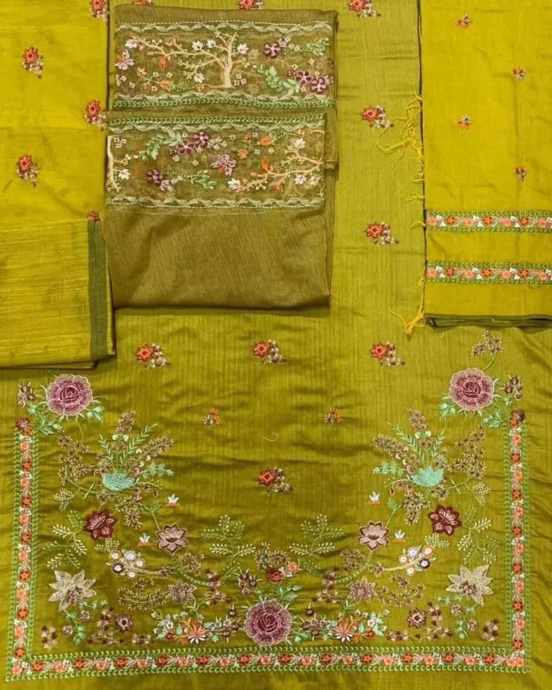 Cotton silk multi resham embroided three piece suit image 1