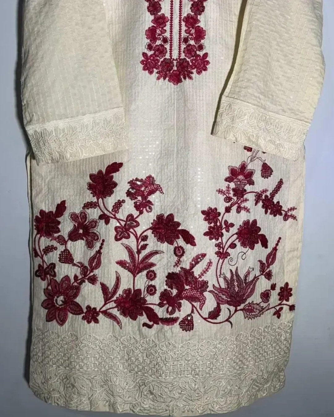 Cotton silk embroided suit with khaadi net dupatta image 0