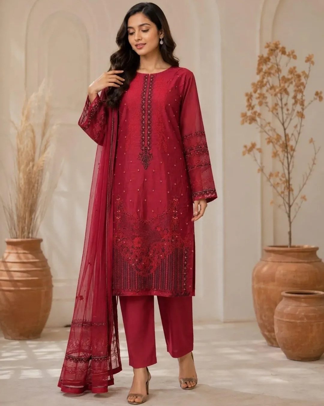 Cotton silk embroided three piece suit image 0