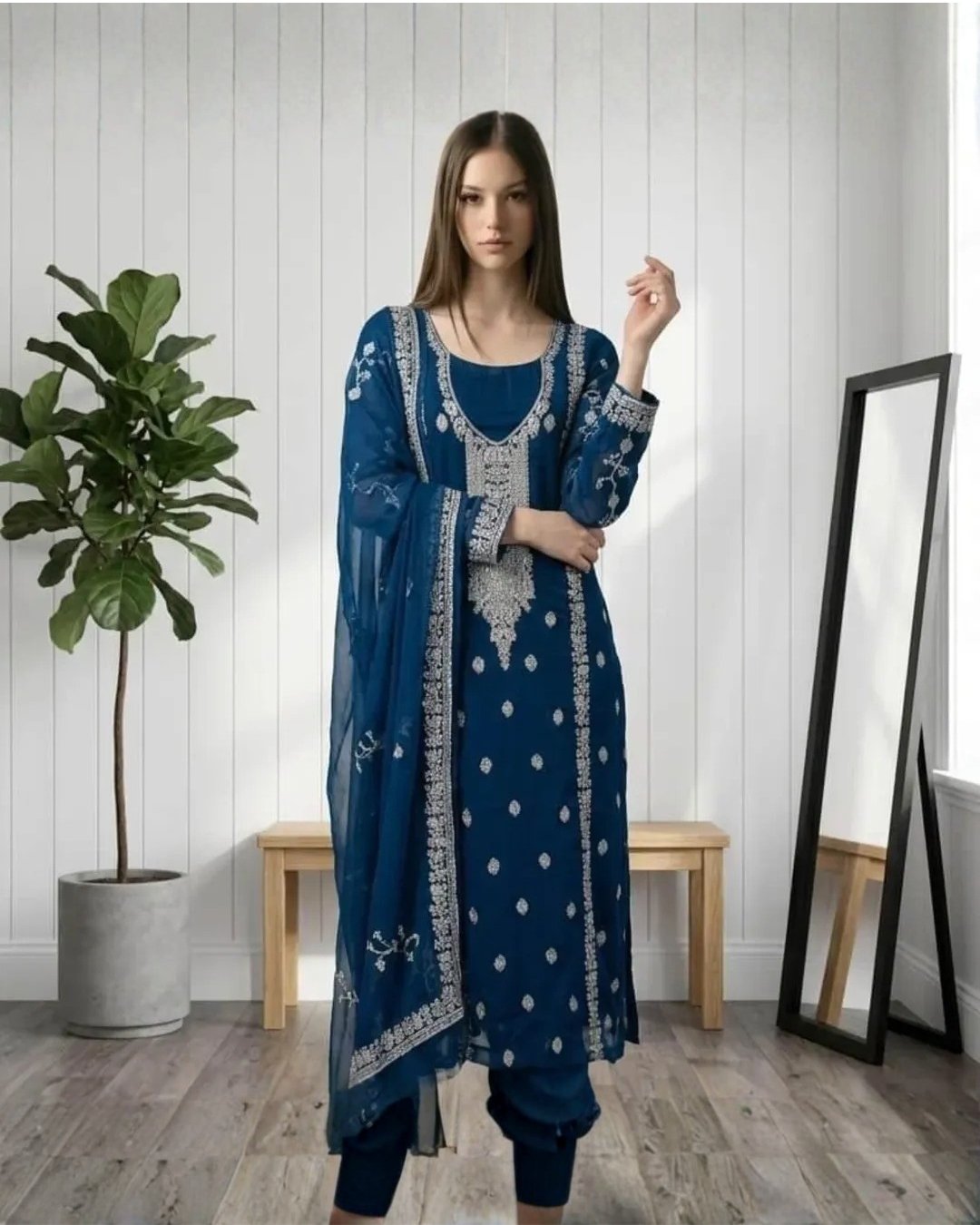 Chiffon zari embroided with sequence three piece image 1