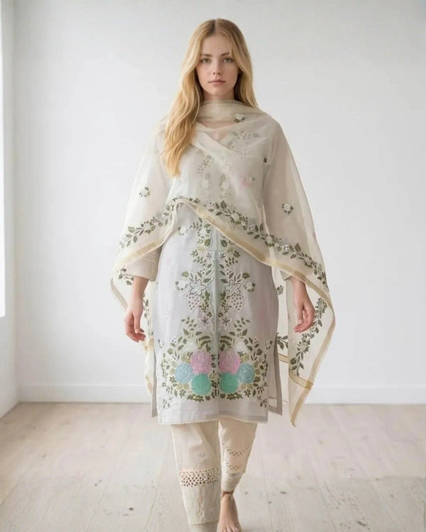 Cotton silk resham embroided 3 piece image 0