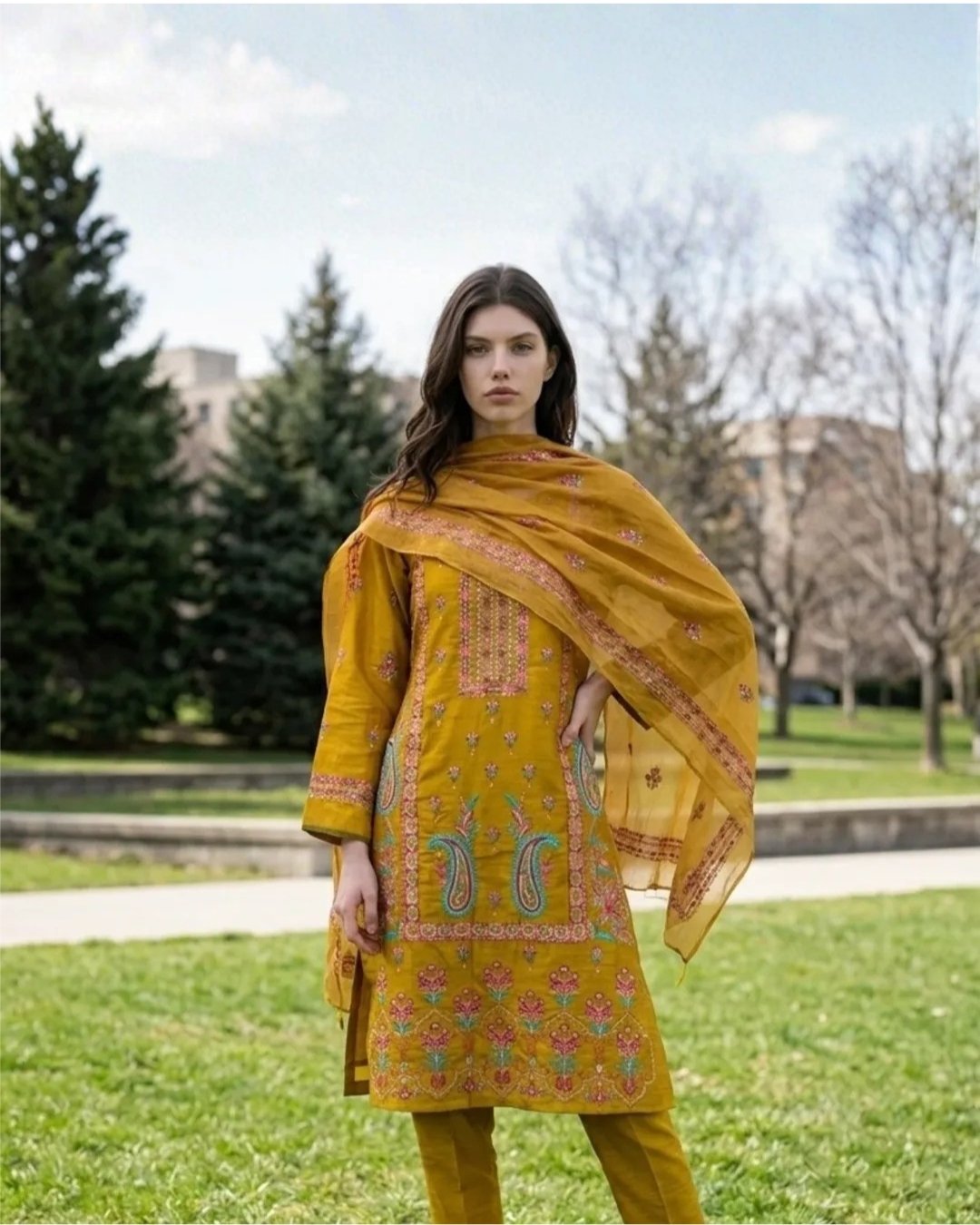 Cotton three piece embroided suit image 0