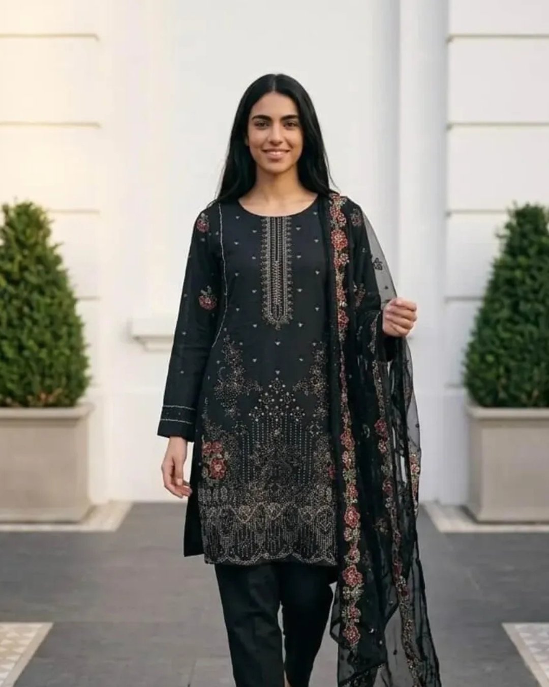 Cottom silk multi resham embroided three piece suit image 0