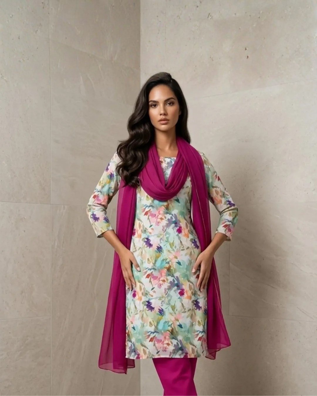 Raw silk viscose printed three piece suit - Unstitched image