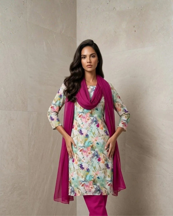 Raw silk viscose printed three piece suit - Unstitched image