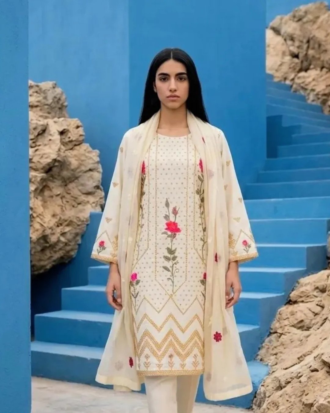 Cottom silk multi resham embroided three piece suit image 2