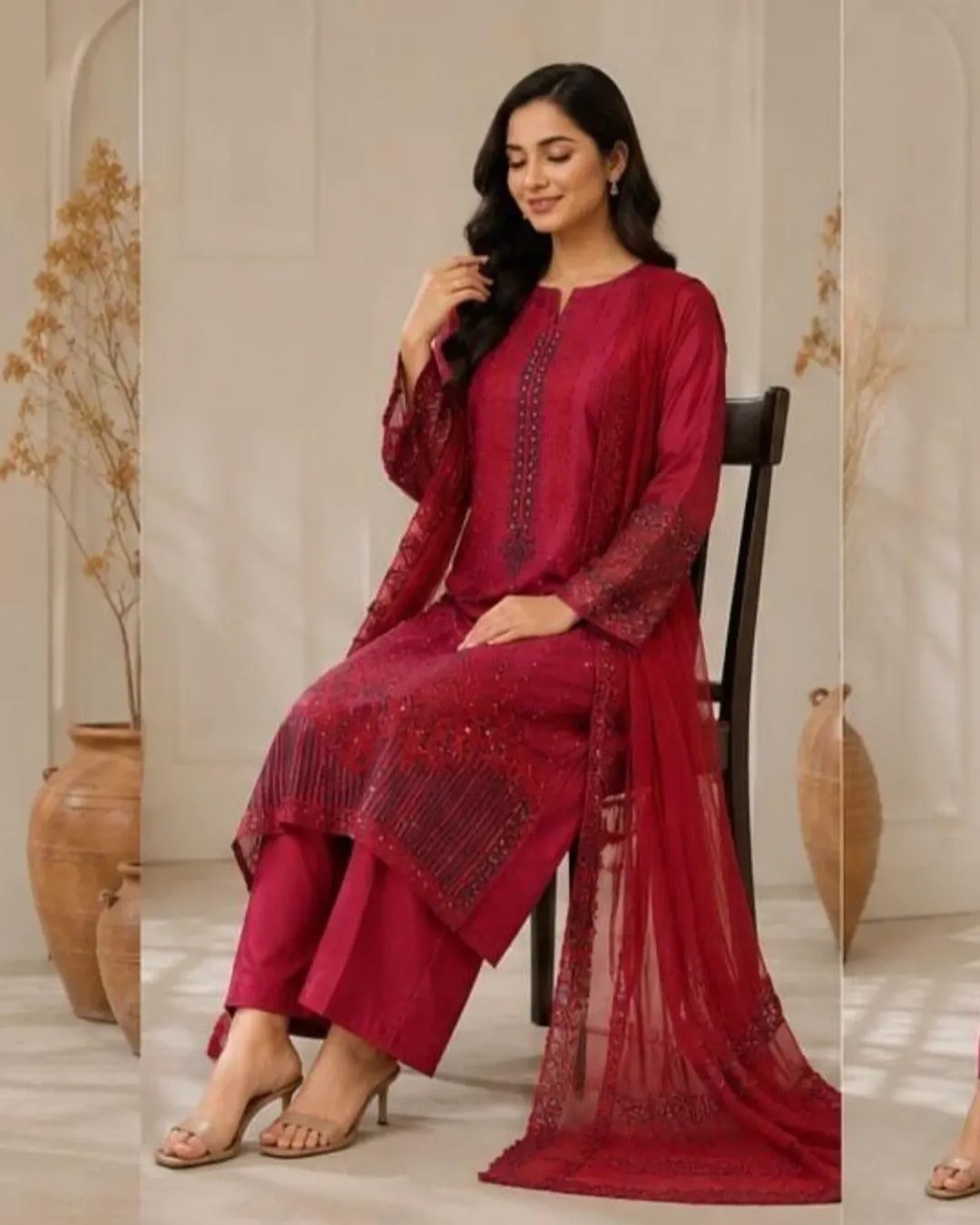 Cotton silk embroided three piece suit image 1