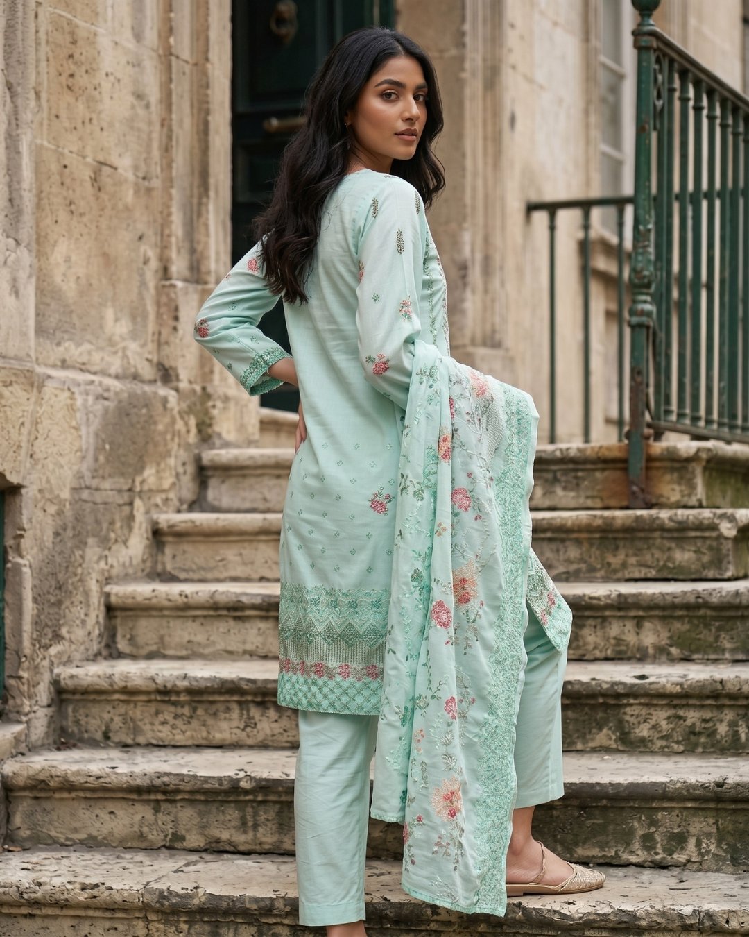 Cottom silk multi resham embroided three piece suit image 2
