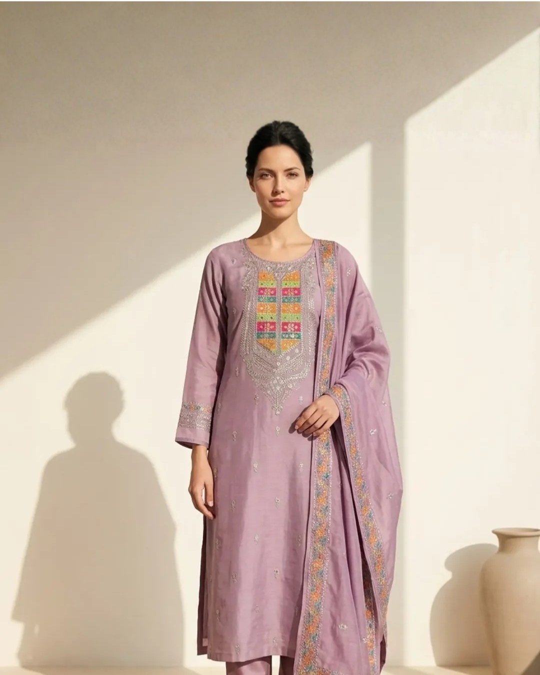 Cotton three piece embroided suit image 1