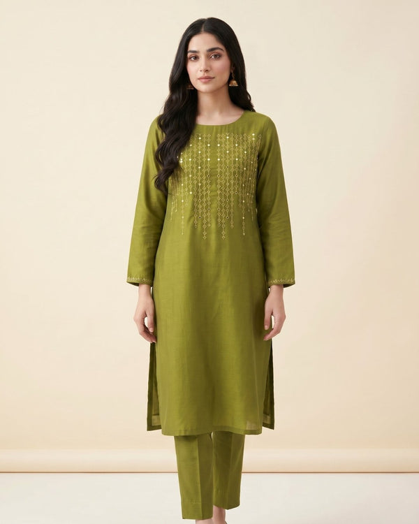 Cotton silk embroided 2 piece with mirror work image 0