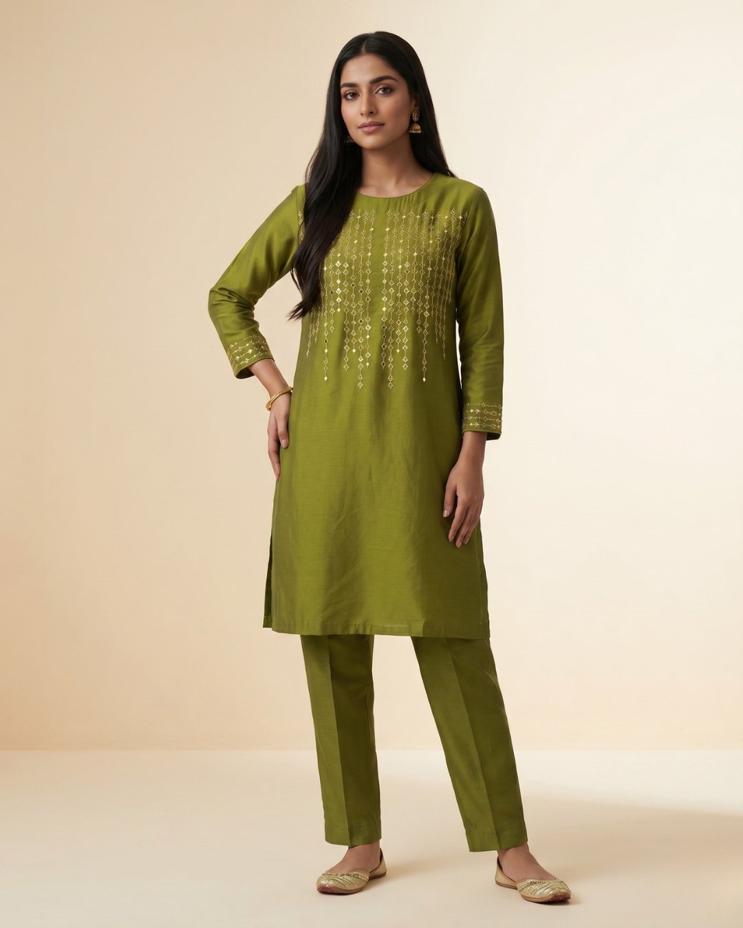 Cotton silk embroided 2 piece with mirror work - Stitched image