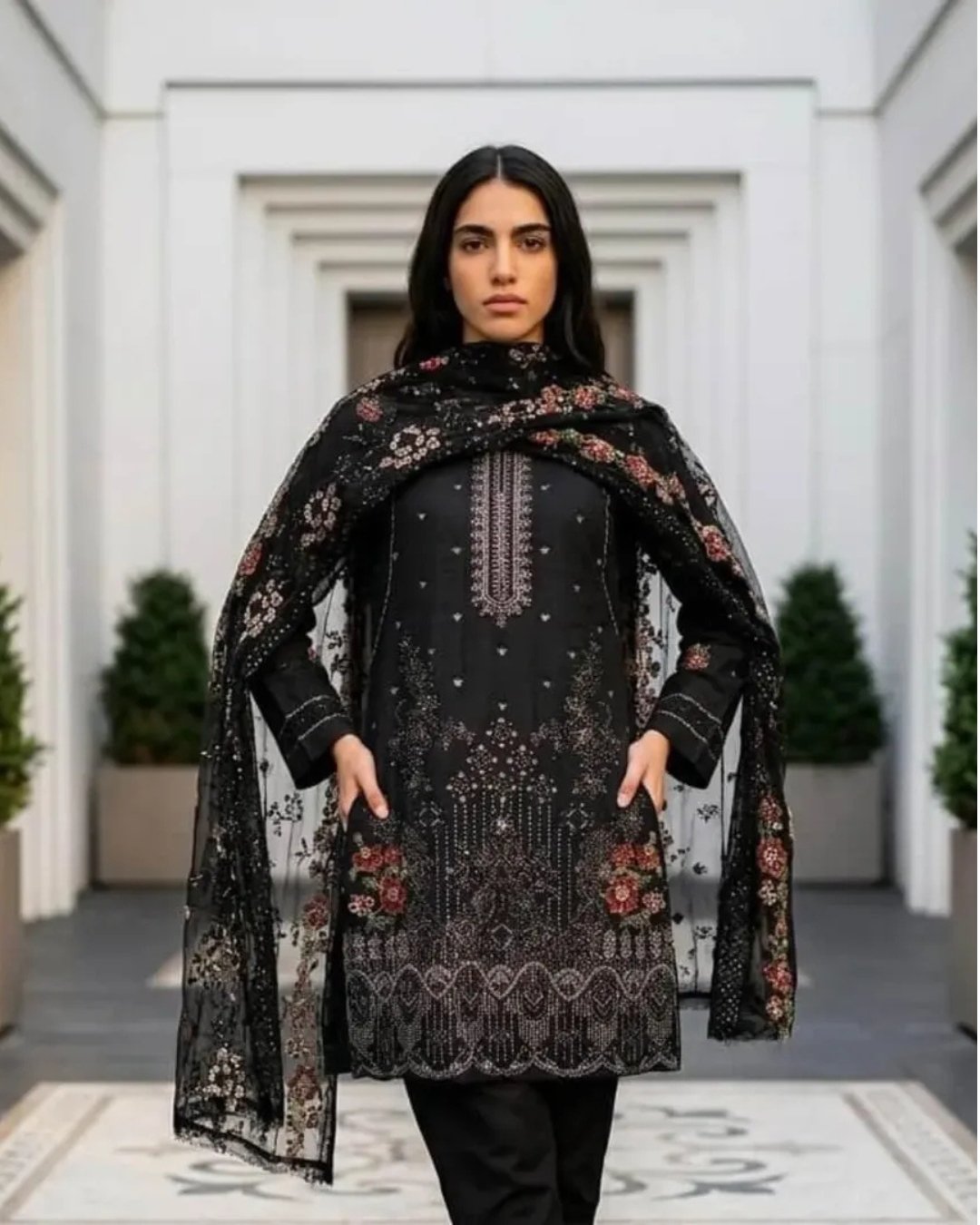 Cottom silk multi resham embroided three piece suit image 1