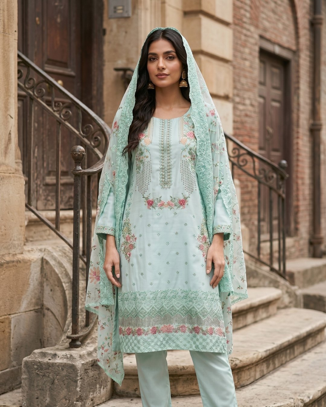 Cottom silk multi resham embroided three piece suit image 1