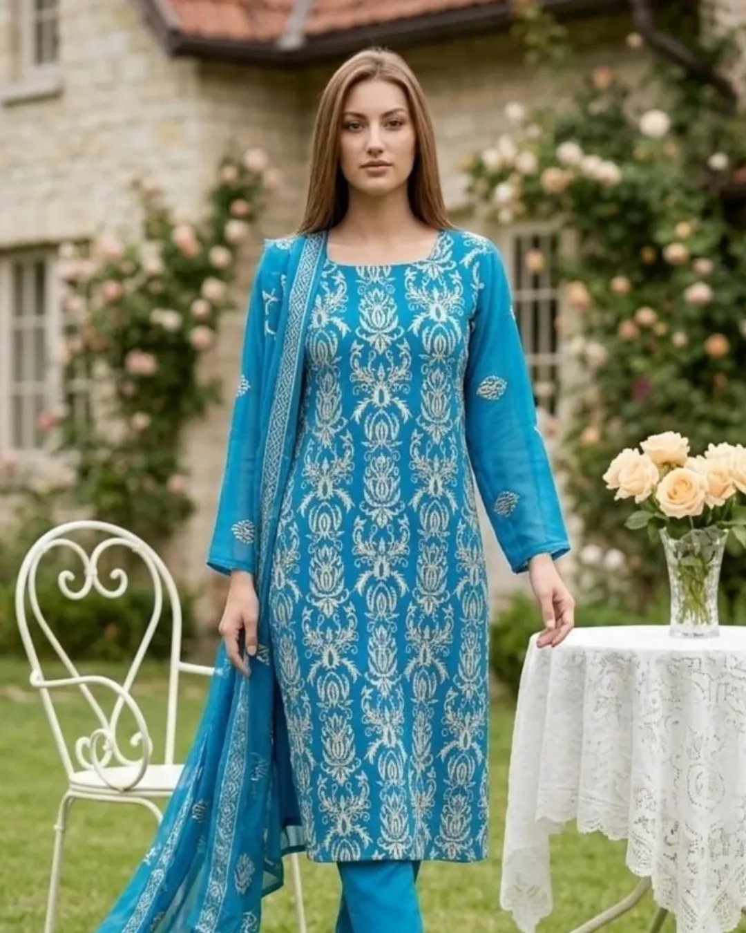 Chiffon tilla embroided three piece suit image 1