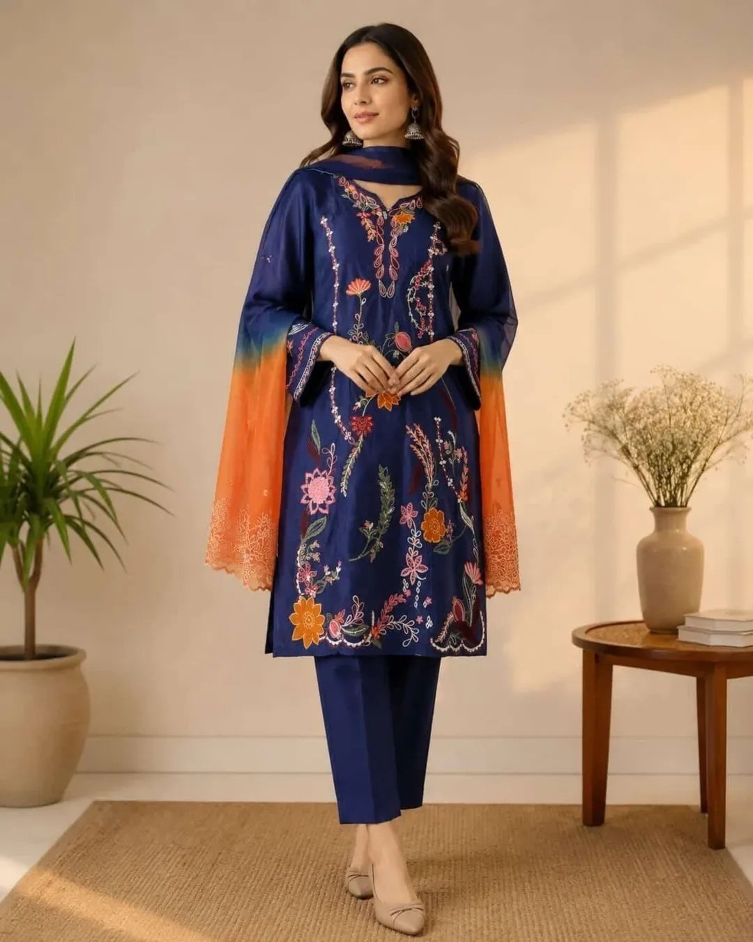 Russian silk embroidered shirt with appliques Russian silk trouser - Stitched image