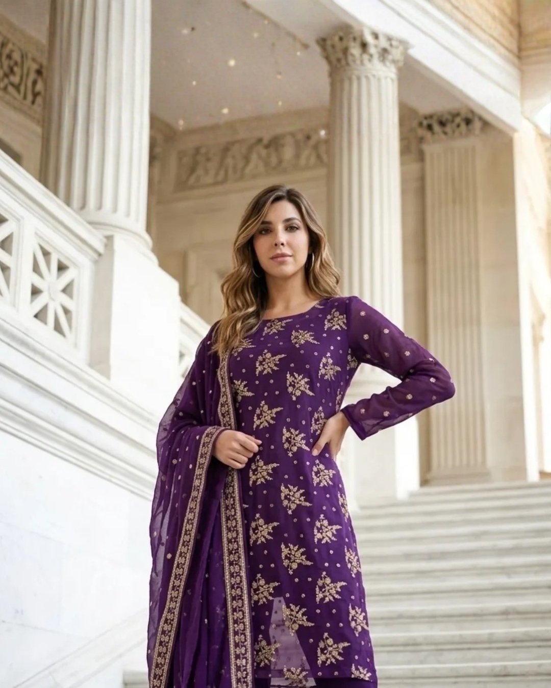 Chiffon embroided three piece suit image 0