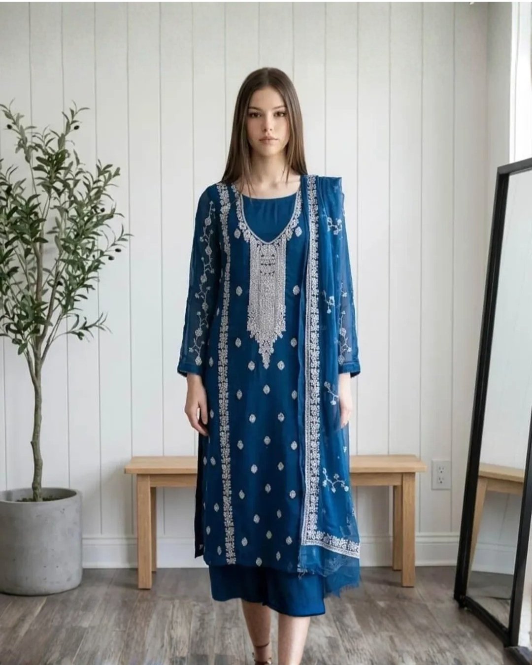 Chiffon zari embroided with sequence three piece image 0