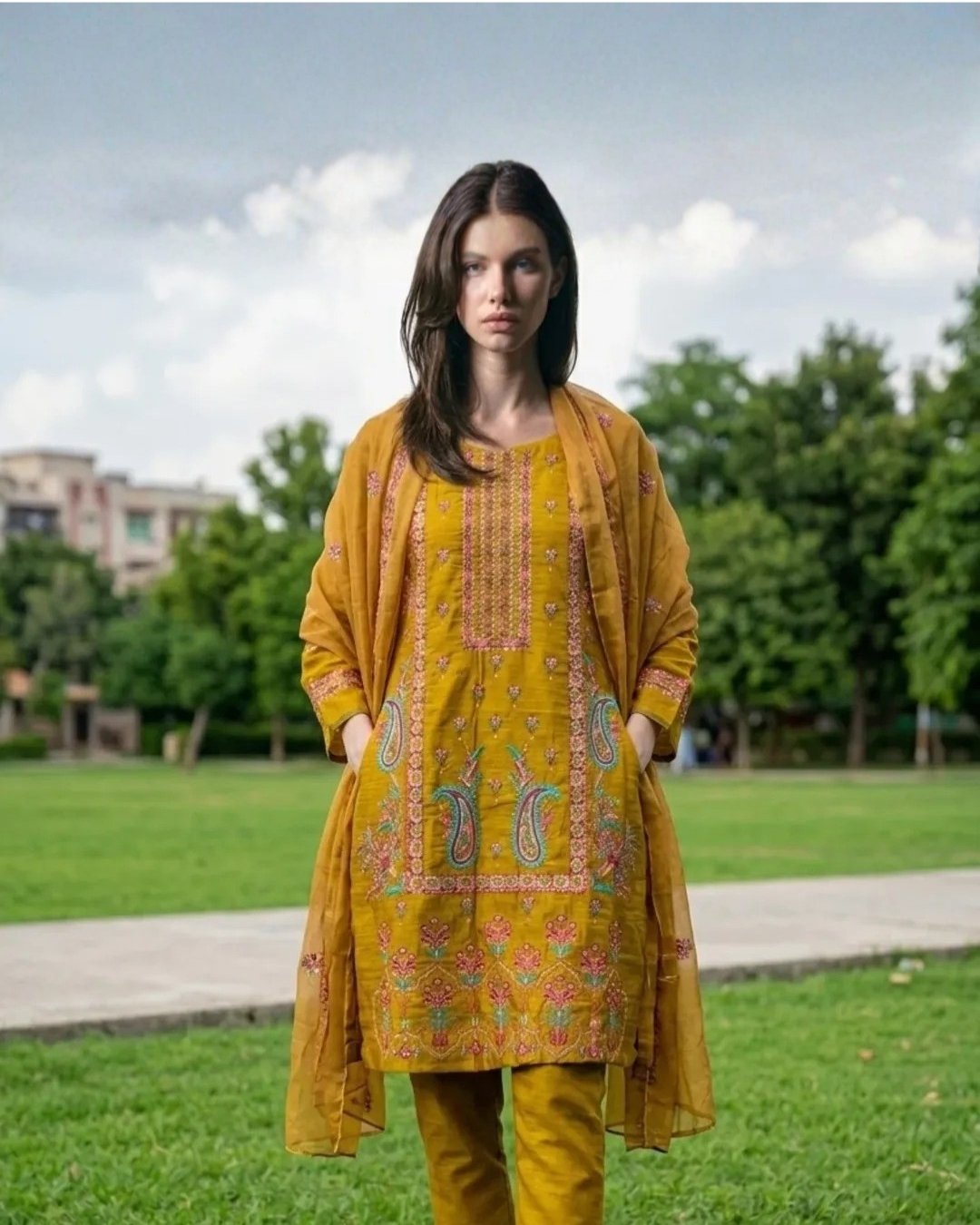Cotton three piece embroided suit image 2