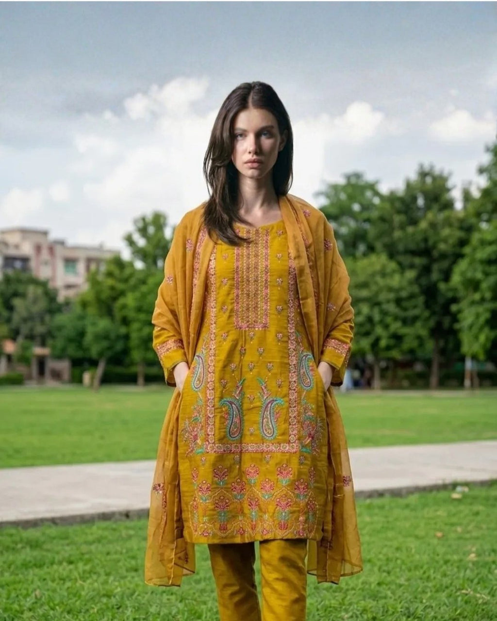 Cotton three piece embroided suit image 2