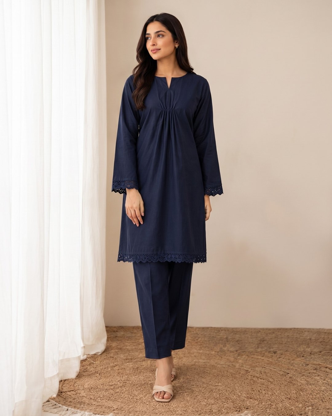 Cotton two piece (Stitched & Unstitched) - Navy Blue image