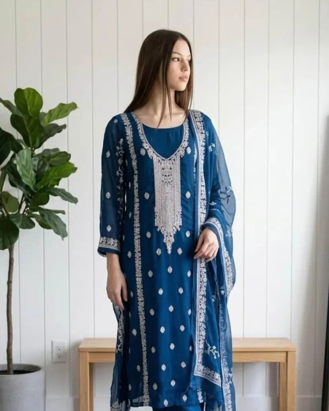 Chiffon zari embroided with sequence three piece image 2