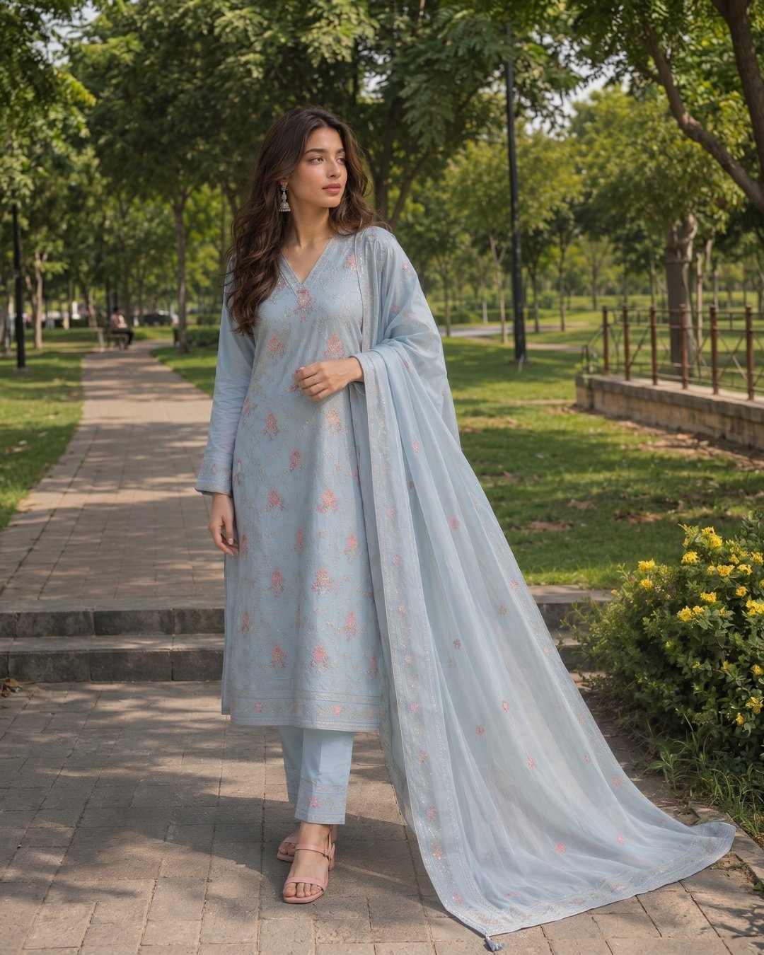 Cotton silk embroidered 3 piece suit image 0