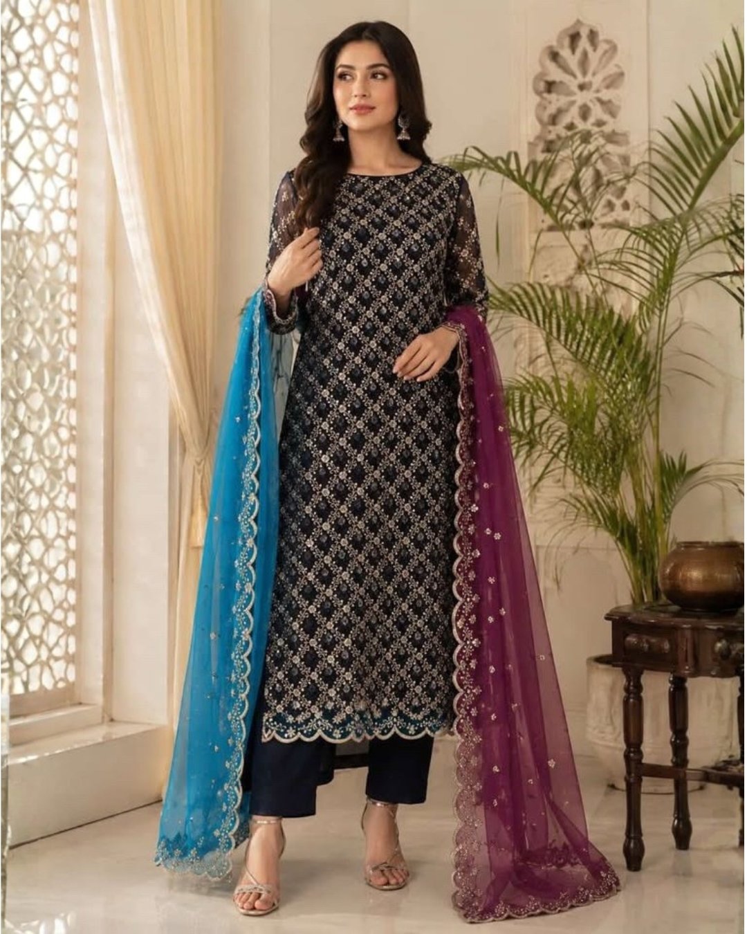Organza embroided three piece suit - Unstitched image