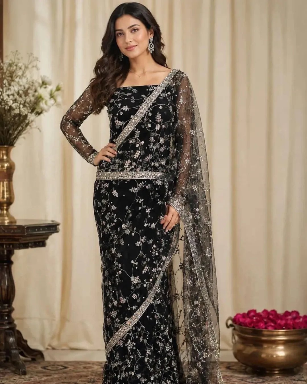 Embroided saree on net fabric image 0