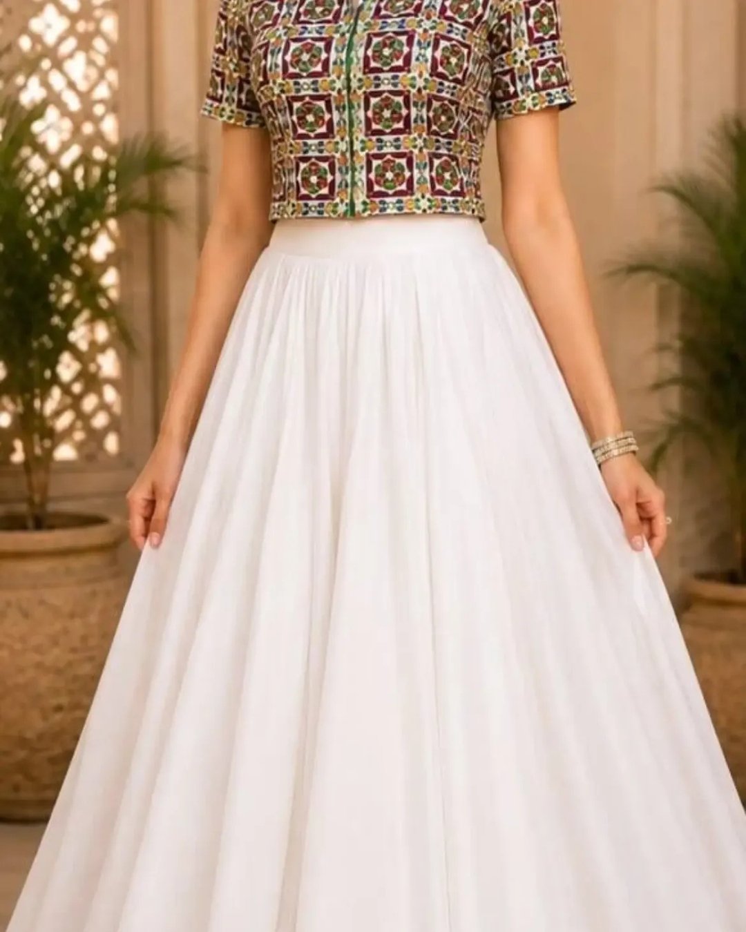 Raw silk multi embroided short shirt with plain lehanga image 1