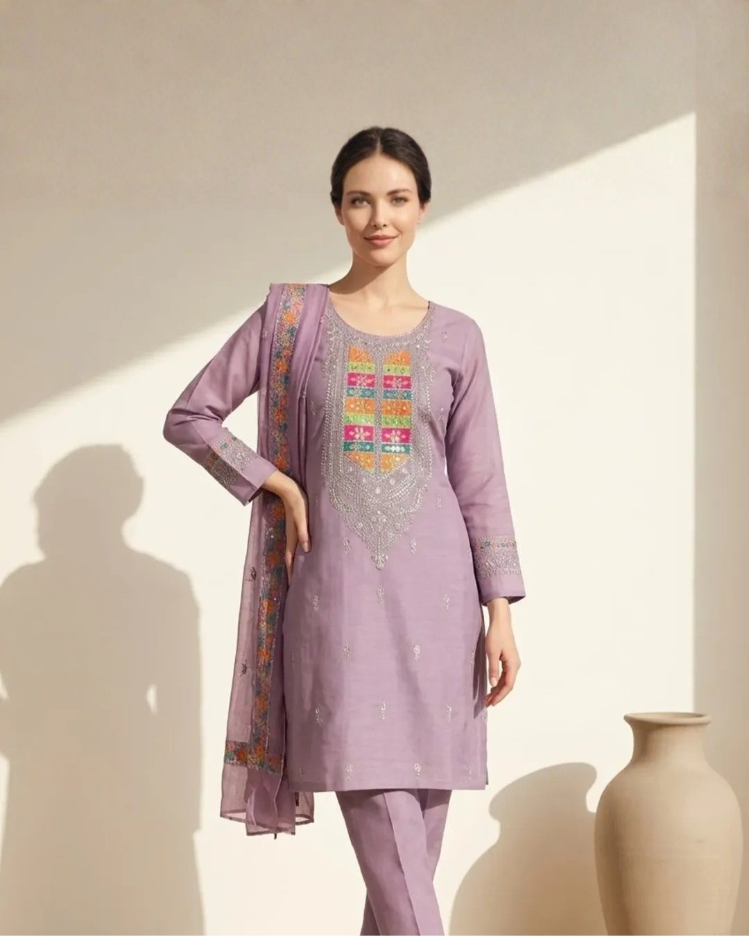 Cotton three piece embroided suit - Stitched image