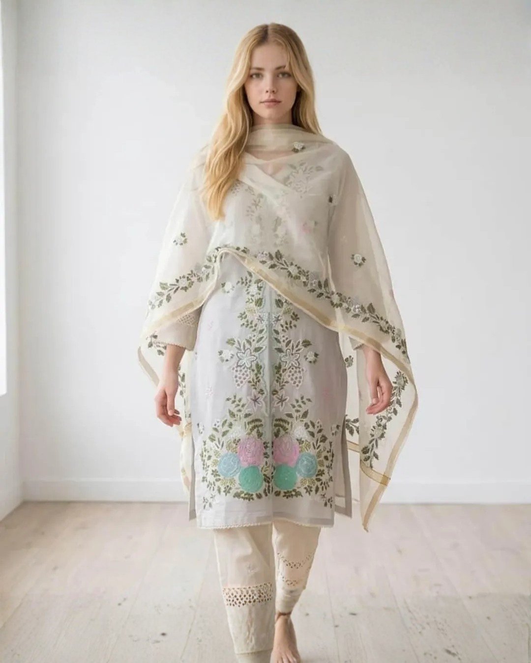 Cotton silk resham embroided 3 piece - Unstitched image