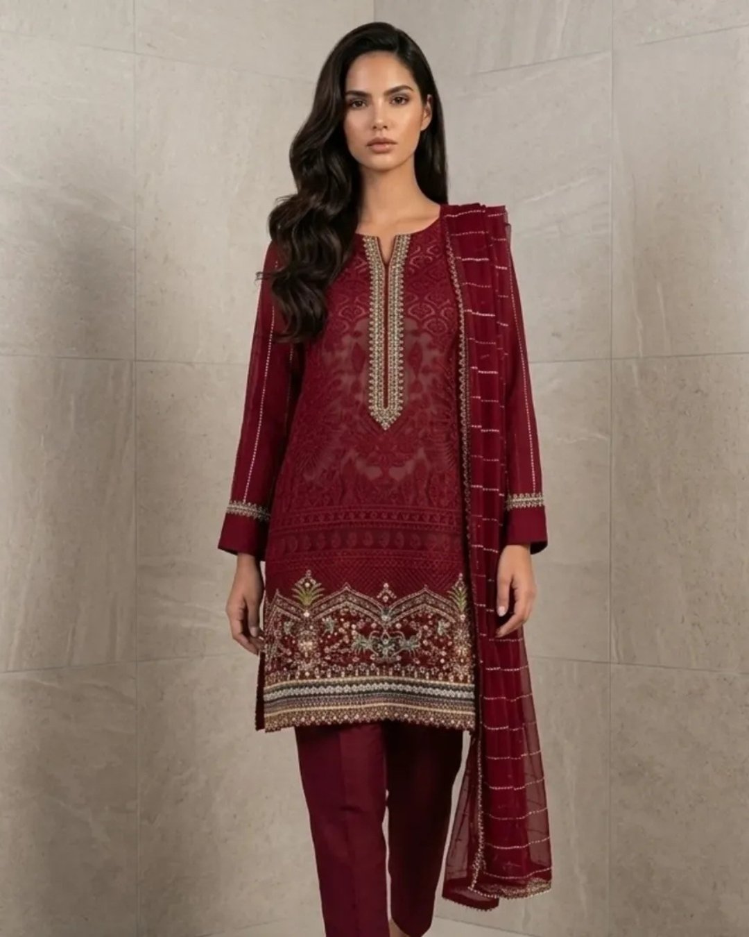 Chiffon embroidered 3 piece suit image 1